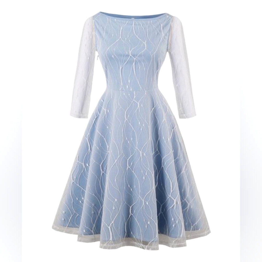 💐Sucrefas Blue lace-layer fit and flare dress